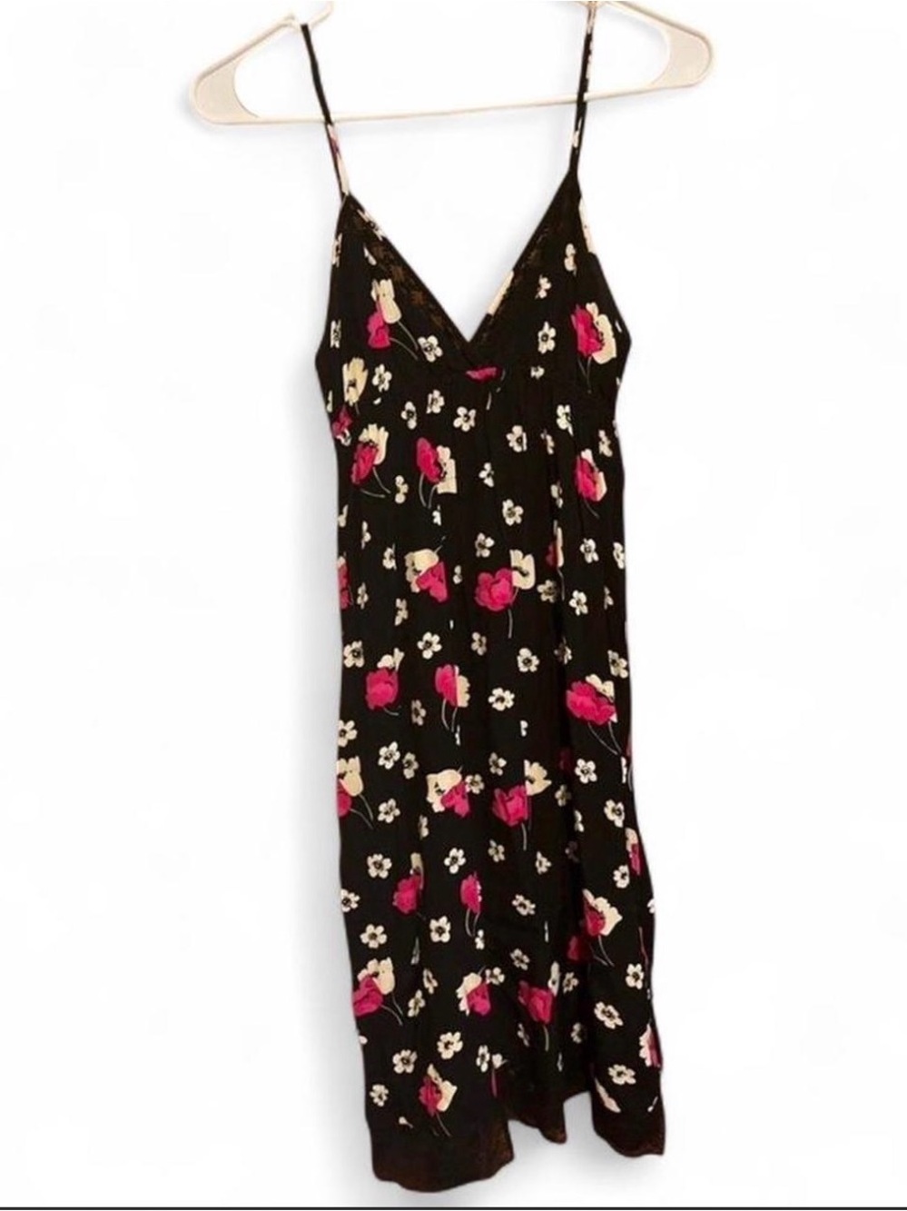 Women’s Small Black Floral Mini Dress Lace V-Neck Spaghetti Strap